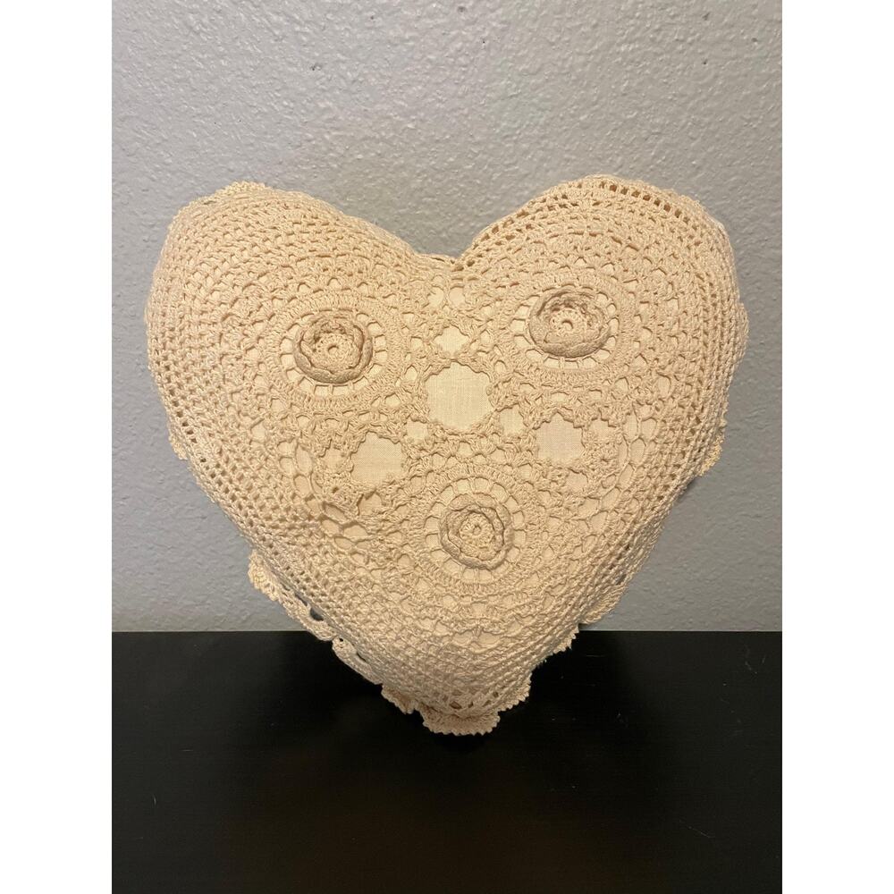 Vintage Handmade Crochet Heart Pillow Decorative Accent Lace Doily Throw Cushion